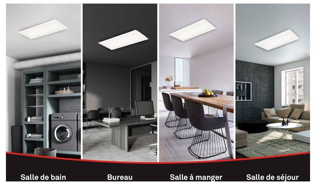 Vier Bilder zeigen eine rechteckige Deckenleuchte in einem Badezimmer, Büro, Esszimmer und Wohnzimmer und veranschaulichen die Verwendung der Leuchte in verschiedenen Räumen.
