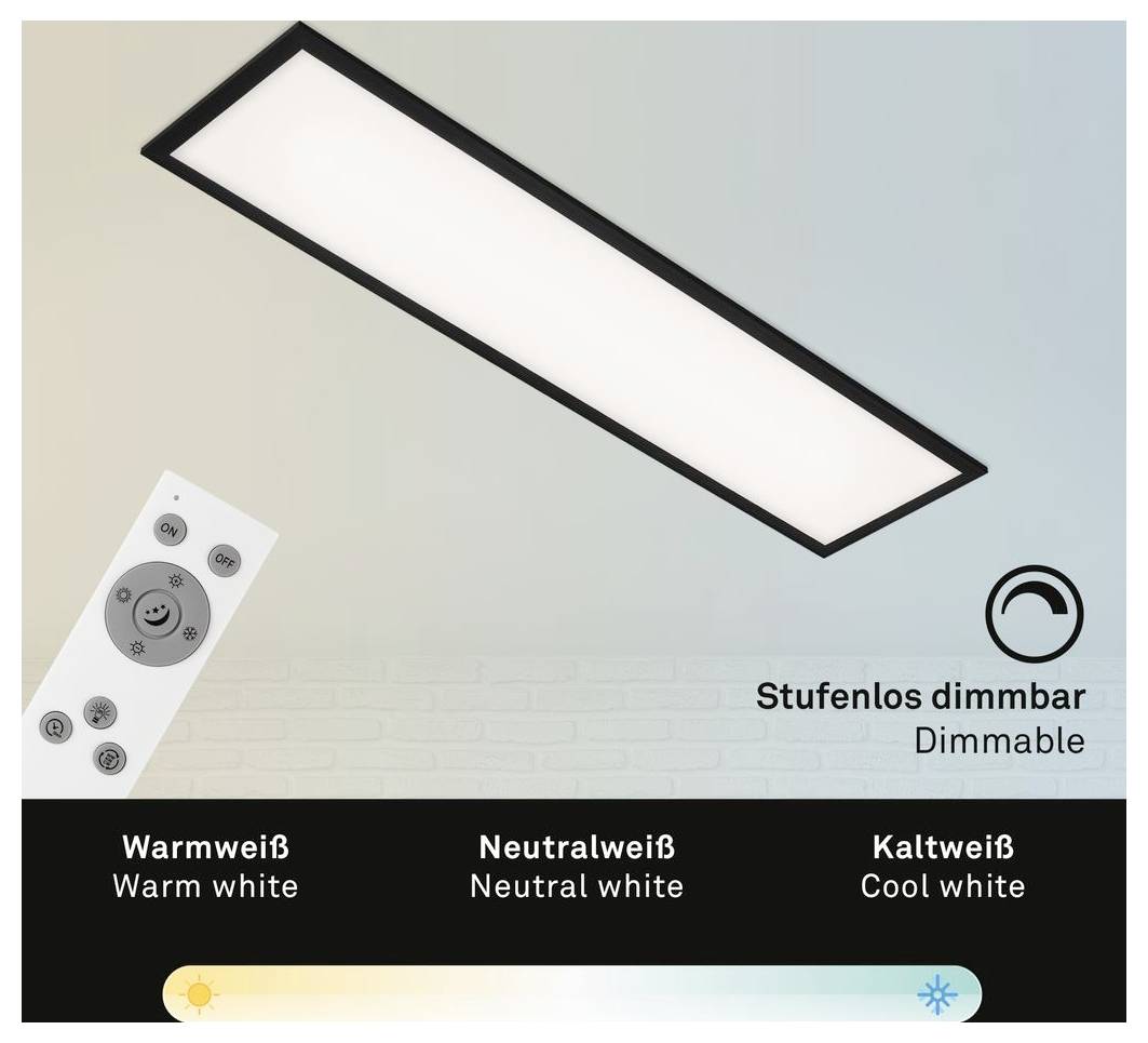 Produktbild einer rechteckigen LED-Deckenleuchte mit Fernbedienung, die verstellbare Dimmfunktion und verschiedene Farbtemperaturen zeigt: Warmweiß, Neutralweiß und Kaltweiß.