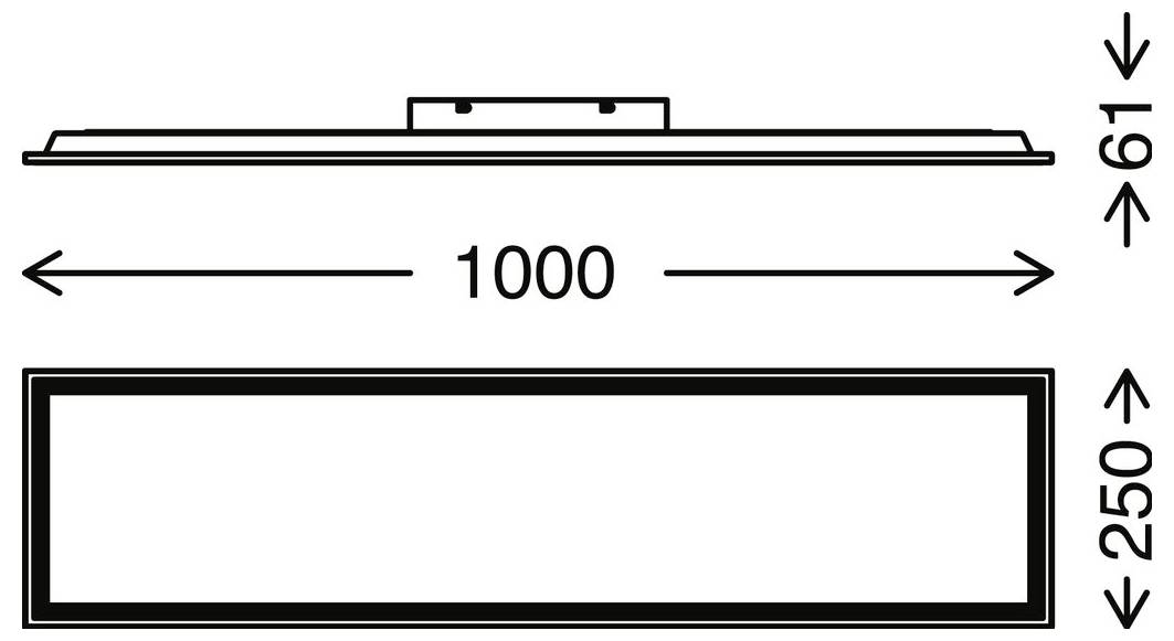 Technisches Diagramm eines rechteckigen Panels mit einer Gesamtbreite von 1000 und einer Höhe von 250, mit einem oberen Seitenprofil, das eine Tiefe/Höhe von 61 anzeigt.