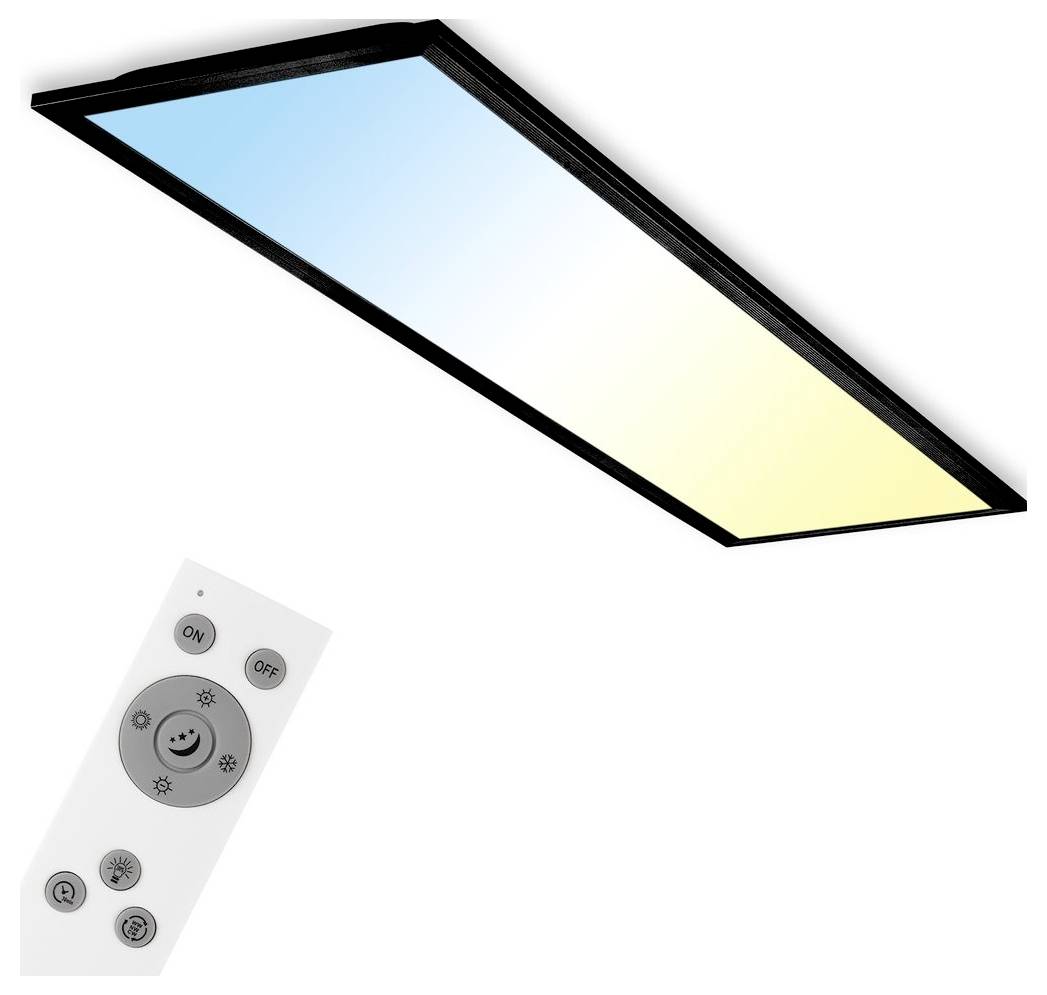 Rechteckiges LED-Deckenleuchten-Panel mit farbwechselnder Beleuchtung und Fernbedienung zur Anpassung der Stromversorgung und Einstellungen.