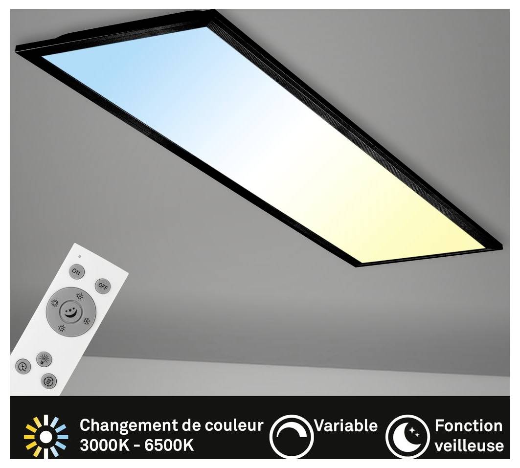 Rechteckiges LED-Deckenleuchten-Panel mit Fernbedienung, zeigt einstellbare Farbtemperatur von 3000K bis 6500K und Nachtlicht-Modus.