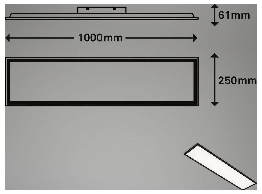 Diagramm einer rechteckigen Leuchte mit beschrifteten Abmessungen: 1000 mm breit, 250 mm hoch und 61 mm tief.