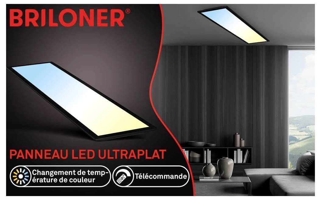 BRILONER LED ultraflaches Deckenflächenlicht in einem modernen Wohnzimmer, mit Fernbedienung und einstellbarer Farbtemperatur; Text sagt „Panneau LED ultraplat"