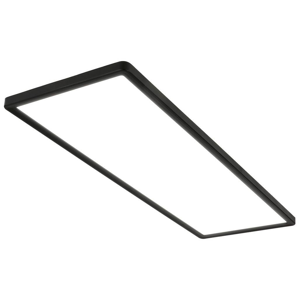 Minimalistische schwarze rechteckige LED-Deckenleuchte auf weißem Hintergrund dargestellt.