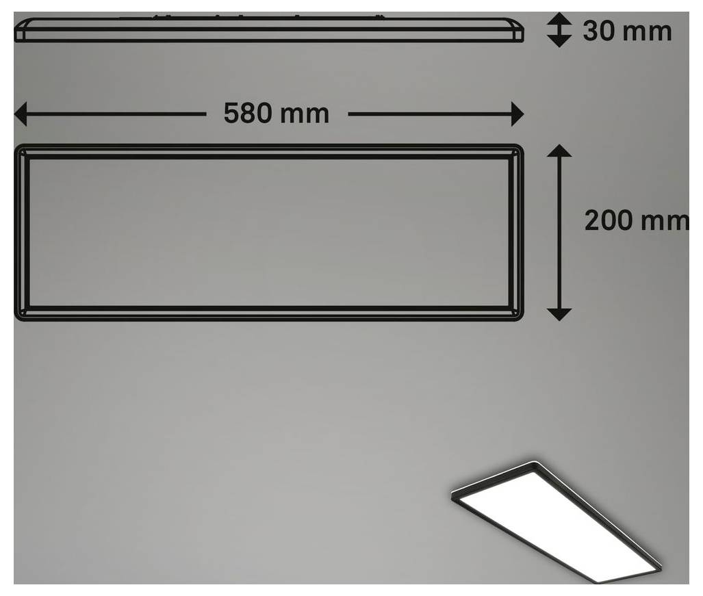 Technische Zeichnung einer rechteckigen Leuchte, die Abmessungen von 580 mm mal 200 mm und 30 mm Dicke zeigt, mit einer perspektivischen Ansicht unten rechts.