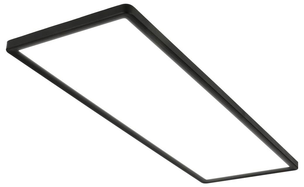 Rechteckiges schwarzes LED-Deckenleuchten-Panel, aus einem Winkel auf weißem Hintergrund betrachtet.