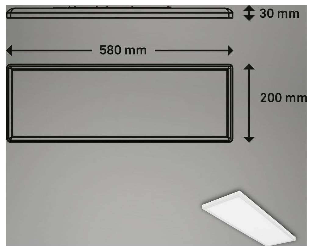 Diagramm einer rechteckigen Leuchte mit den Abmessungen: 580 mm breit, 200 mm hoch und 30 mm dick.