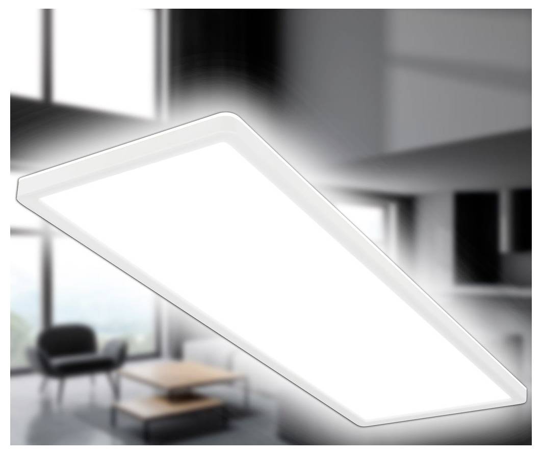 Modernes rechteckiges LED-Deckenflächenlicht, das in einem unscharfen Büro- oder Besprechungszimmerinnenraum leuchtet.