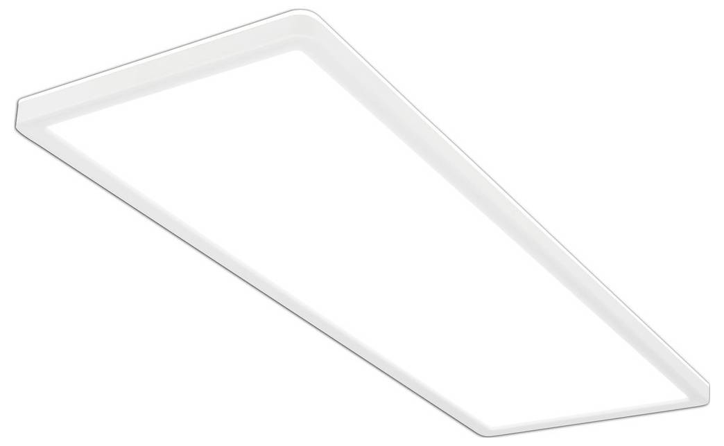 Weiße rechteckige LED-Deckenleuchte in perspektivischer Ansicht auf neutralem Hintergrund dargestellt.