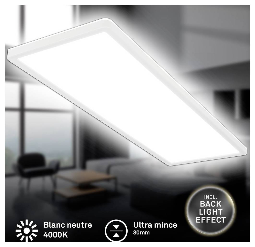 Rechteckiges ultra-dünnes Deckenlichtpanel, das in einem modernen Raum leuchtet, gekennzeichnet mit „Blanc neutre 4000K", „Ultra mince 30mm" und „INCL. BACK LIGHT EFFECT".