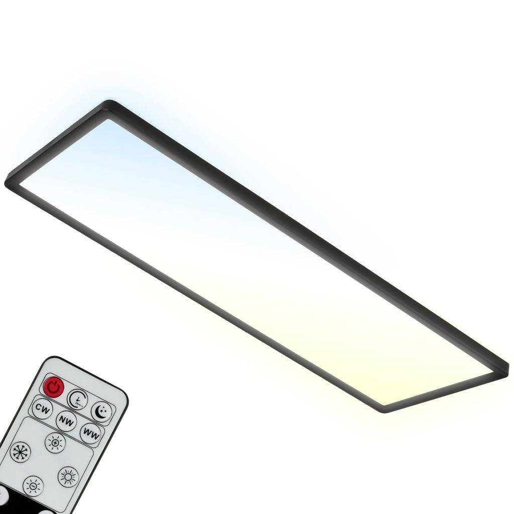 Rechteckiges LED-Deckenleuchten-Panel mit Fernbedienung zur Helligkeits- und Farbtemperaturanpassung.