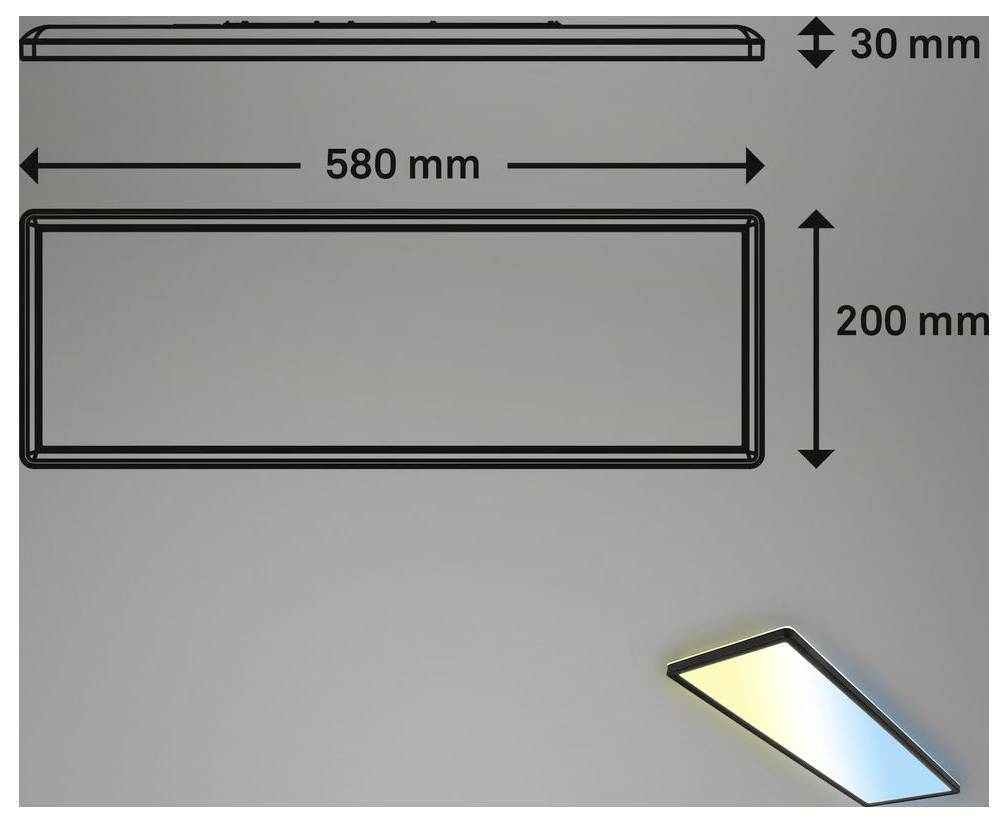 Diagramm eines rechteckigen Lichtpanels, beschriftet mit 580 mm Breite, 200 mm Höhe und 30 mm Dicke, gezeigt mit einer kleinen geneigten Probe der beleuchteten Leuchte