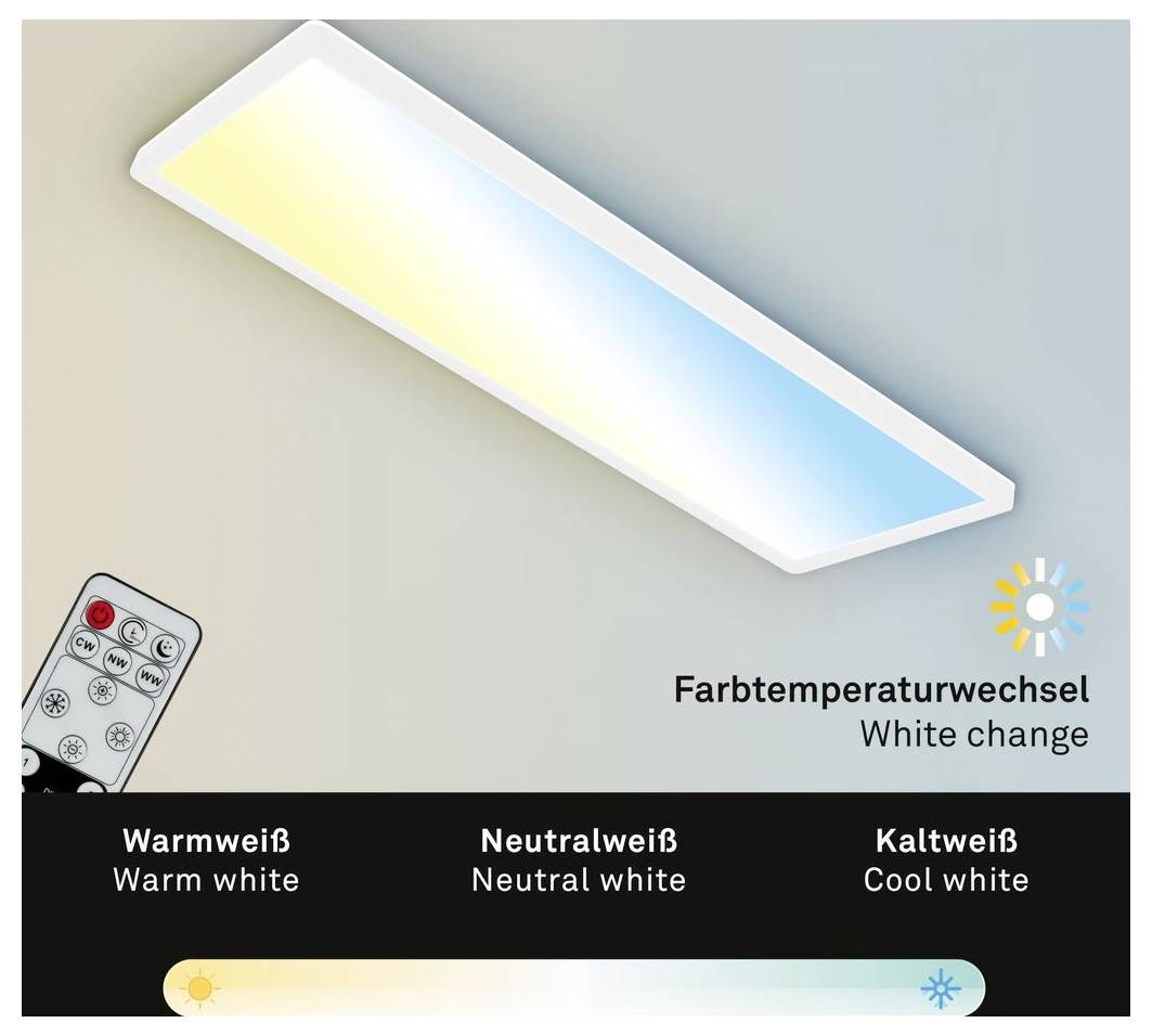 LED-Deckenleuchte mit Fernbedienung, die einstellbare Farbtemperatur von Warmweiß bis Kaltweiß zeigt; Beschriftungen lauten „Warmweiß", „Neutralweiß", „Kaltweiß" und „Farbtemperaturwechsel Weißwechsel".