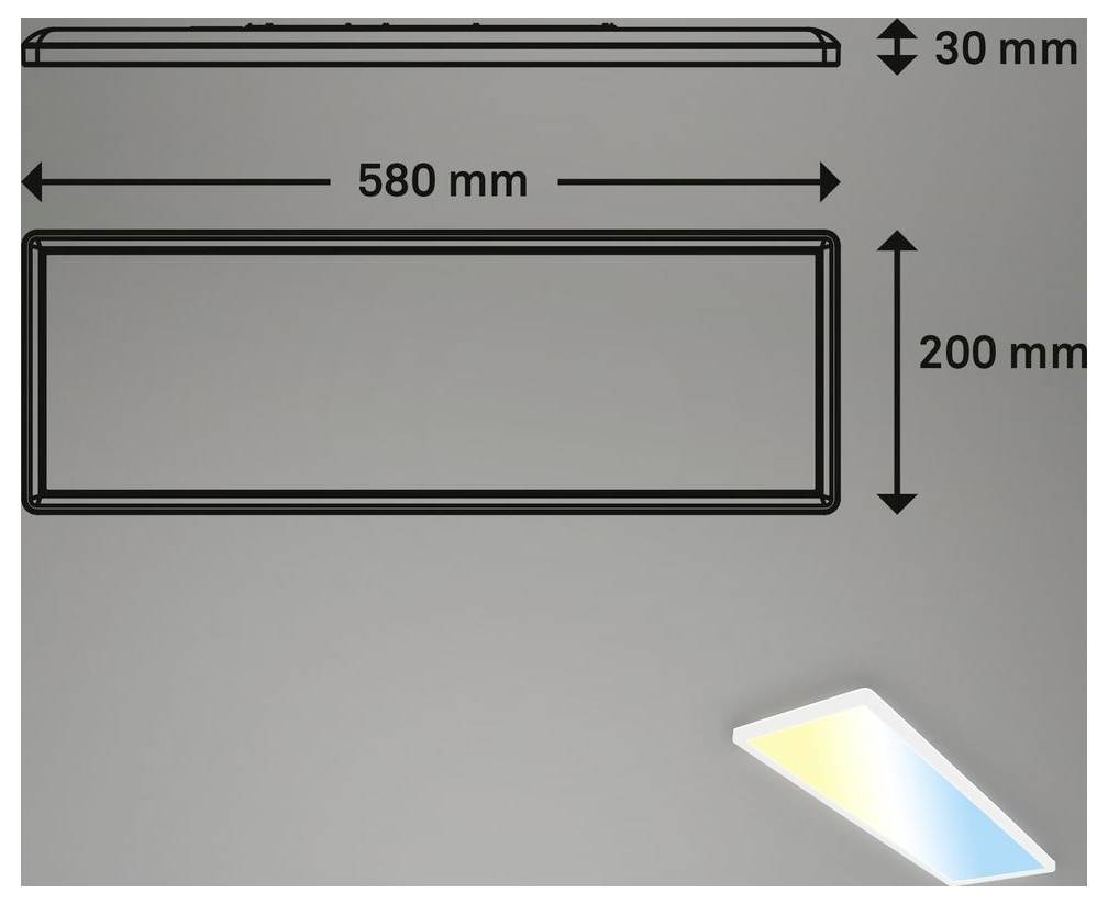 Diagramm eines rechteckigen Lichtenpalms mit den Abmessungen 580 mm × 200 mm und 30 mm Dicke, dargestellt mit Bemaßungspfeilen und einer kleinen angewinkelten Produktansicht.
