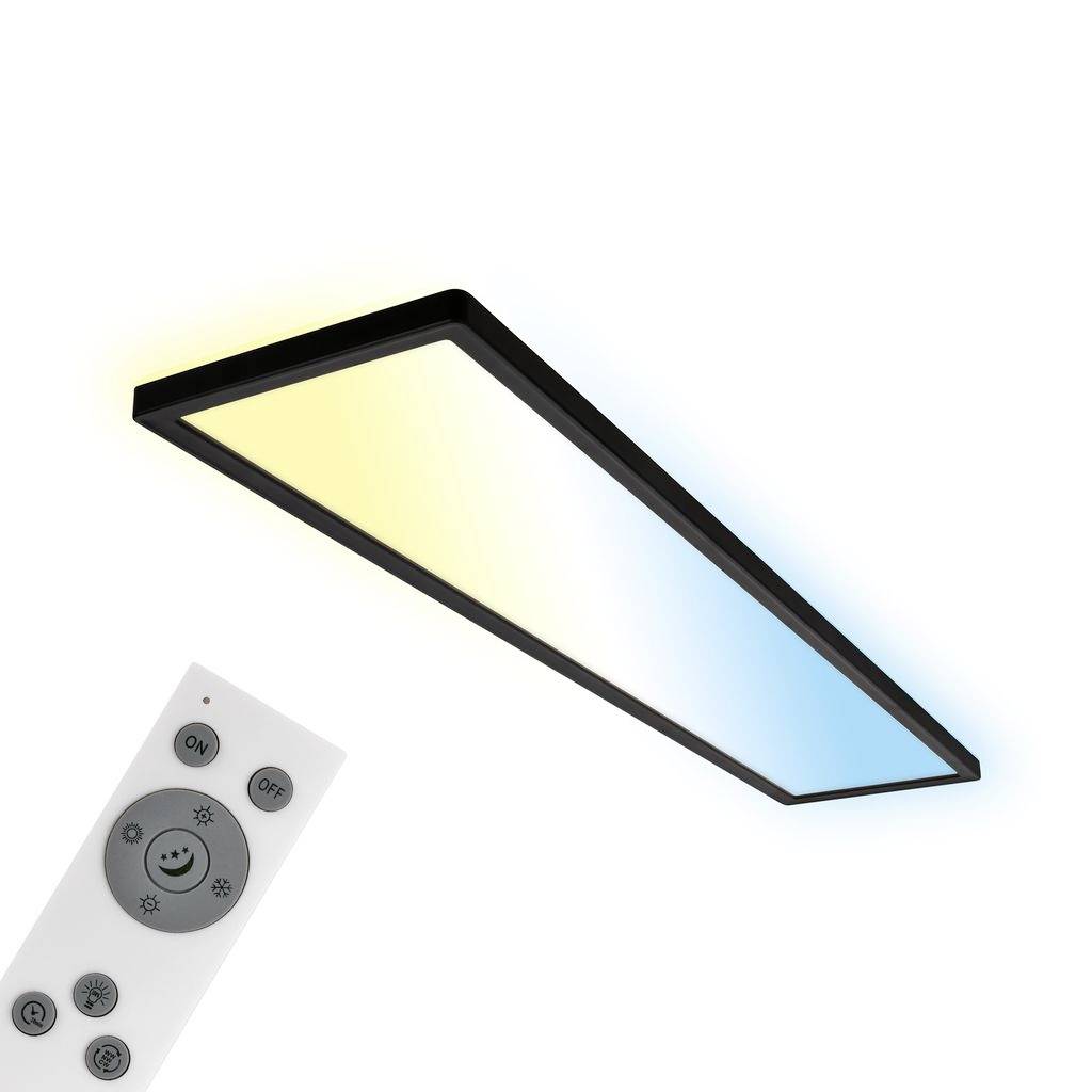 Schlankes rechteckiges LED-Deckenleuchten-Panel mit Fernbedienung, das einstellbare Warm-zu-Kühl-Farbbeleuchtung zeigt.