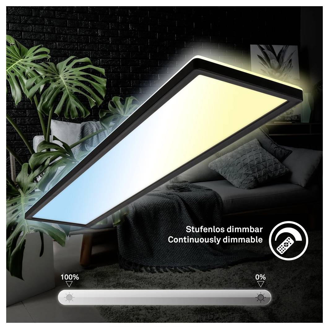 Modernes dimmbares LED-Deckenleuchten-Panel in einem Wohnzimmer, dargestellt bei 100% Helligkeit; die Grafik enthält "Stufenlos dimmbar" und "Stufenlos dimmbar" mit einem Helligkeitsschieber von 0% bis 100%.