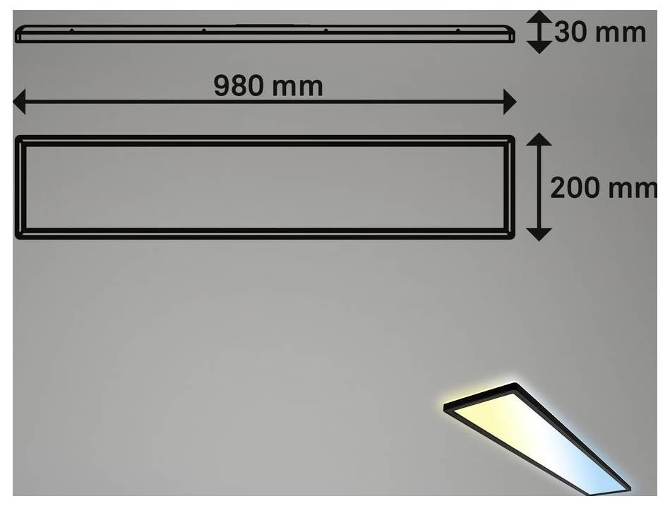 Bemaßtes Diagramm eines schlanken rechteckigen Lichtpanels, 980 mm lang, 200 mm breit und 30 mm dick, mit einer leuchtenden abgewinkelten Eckeneinfassung.