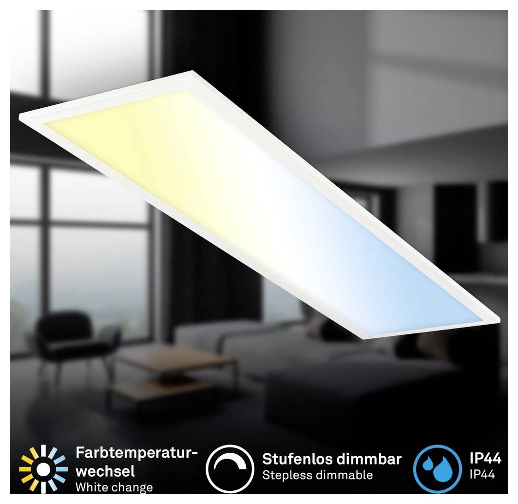 Rechteckiges LED-Deckenleuchten-Panel mit verstellbarer Farbtemperatur in Weiß, stufenlosem Dimmen und IP44-Schutzart in einem modernen Raum.
