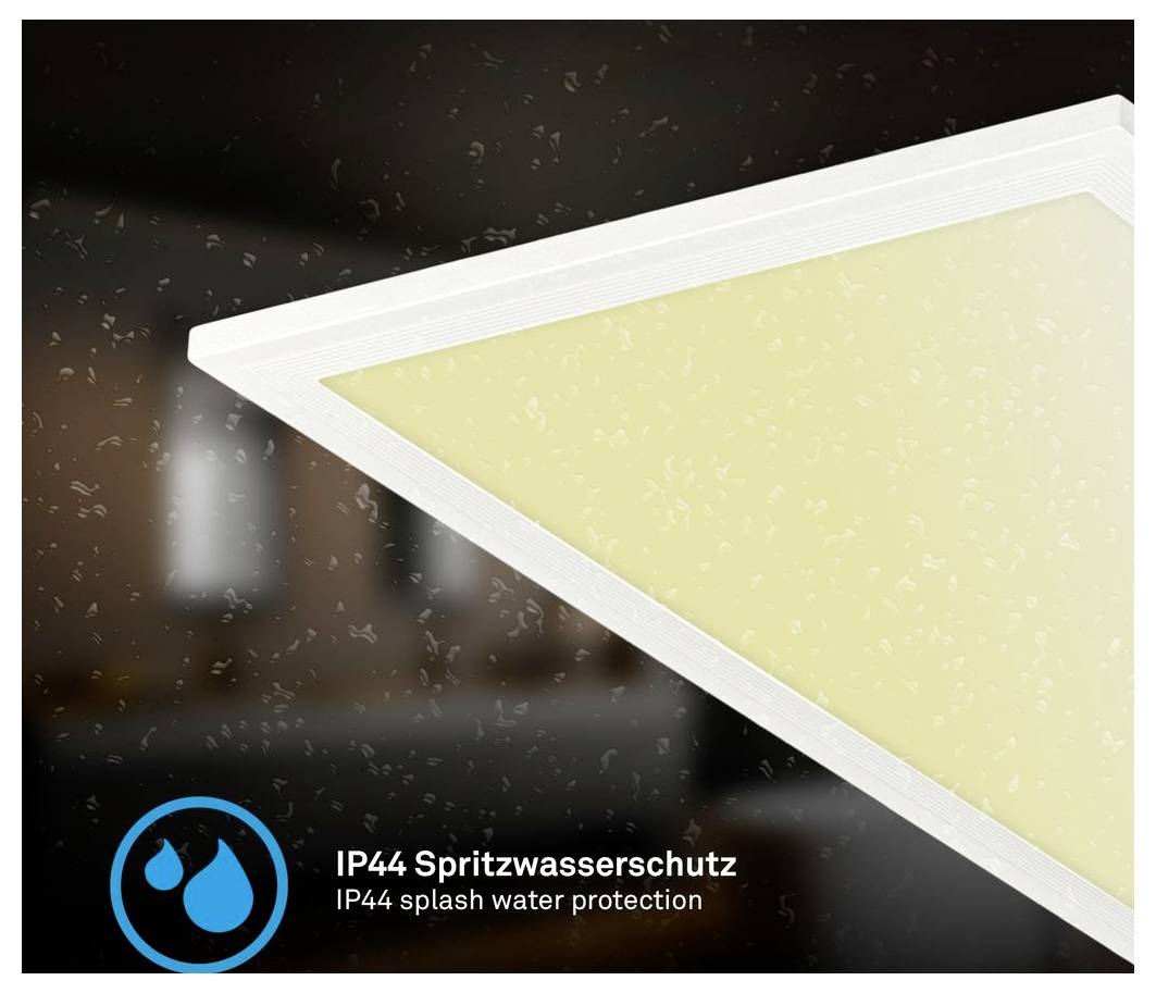 Nahaufnahme einer IP44-zertifizierten LED-Panelleuchten-Ecke mit der Bezeichnung „IP44 Spritzwasserschutz", die spritzwasserresistente Verwendung anzeigt.