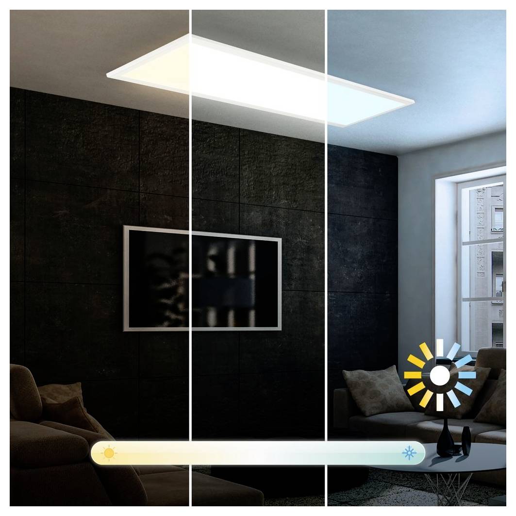 Modernes Wohnzimmer mit einer Deckenleuchte, die von warmem Gelb zu kühlem Blau wechselt und eine verstellbare Farbtemperatur und Helligkeit suggeriert.