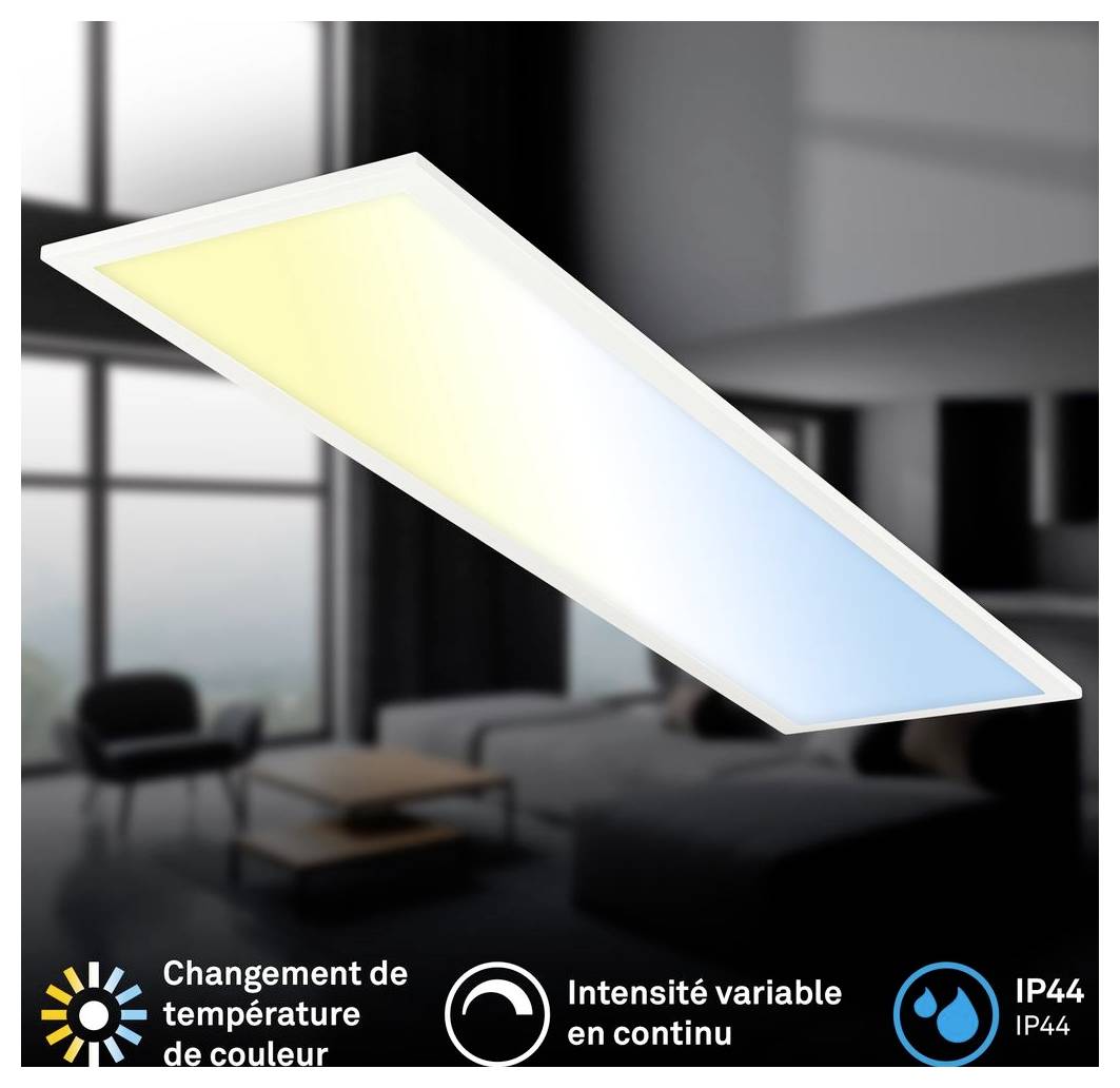 Illustration eines schlanken rechteckigen LED-Deckenflächenpanels in einem modernen Raum, das den Farbtemperaturwechsel von warmem Gelb zu kühlem Blau, variable Dimmung und die IP44-Schutzart zeigt.