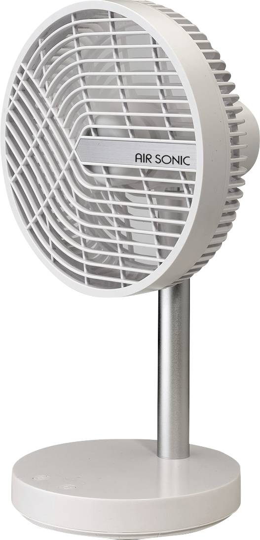White Air Sonic Schreibtischventilator mit rundem Gitter und Sockel auf einem Metallständer, gezeigt auf einem einfachen Hintergrund.