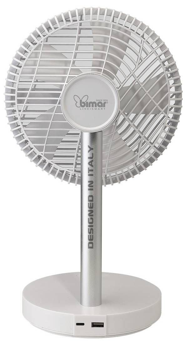 Ein weißer Tischventilator mit rundem Sockel und zentralem Stützpfosten, mit der Marke „Bimar" gekennzeichnet, in Frontansicht auf einfachem Hintergrund dargestellt.