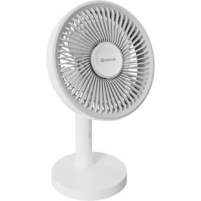 Weißer Platinet Tischventilator mit kreisförmigem Gitter und Ständer auf rundem Sockel.