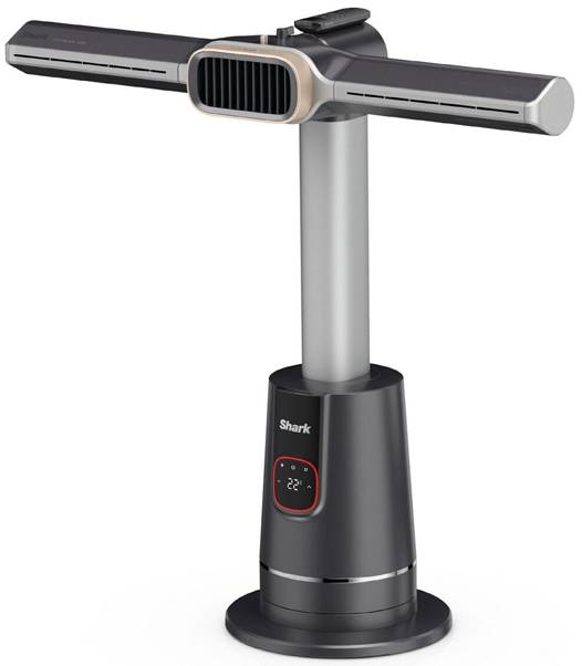 Shark-Turmventilator mit digitaler Temperaturanzeige und breiten horizontalen Lüftungsschlitzen auf schwarzer Basis vor weißem Hintergrund.