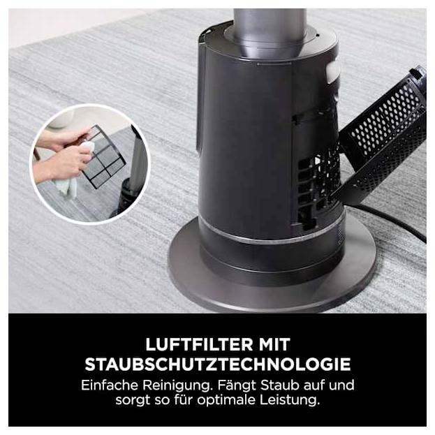 Luftreiniger mit Staubschutztechnologie; die Detailansicht zeigt einfache Filterreinigung. Der Text lautet „LUFTFILTER MIT STAUBSCHUTZTECHNOLOGIE" und „Einfache Reinigung. Fängt Staub auf und sorgt so für optimale Leistung."