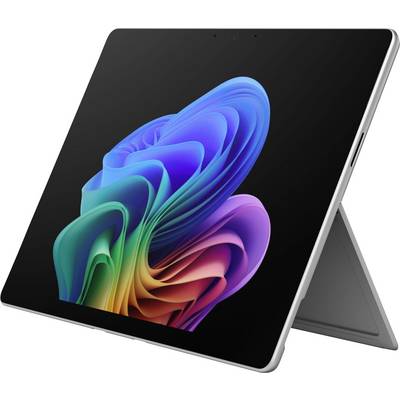 Ein silbernes Tablet auf einem Ständer zeigt ein farbenfrobes abstraktes Wirbelmuster auf einem schwarzen Bildschirm an.