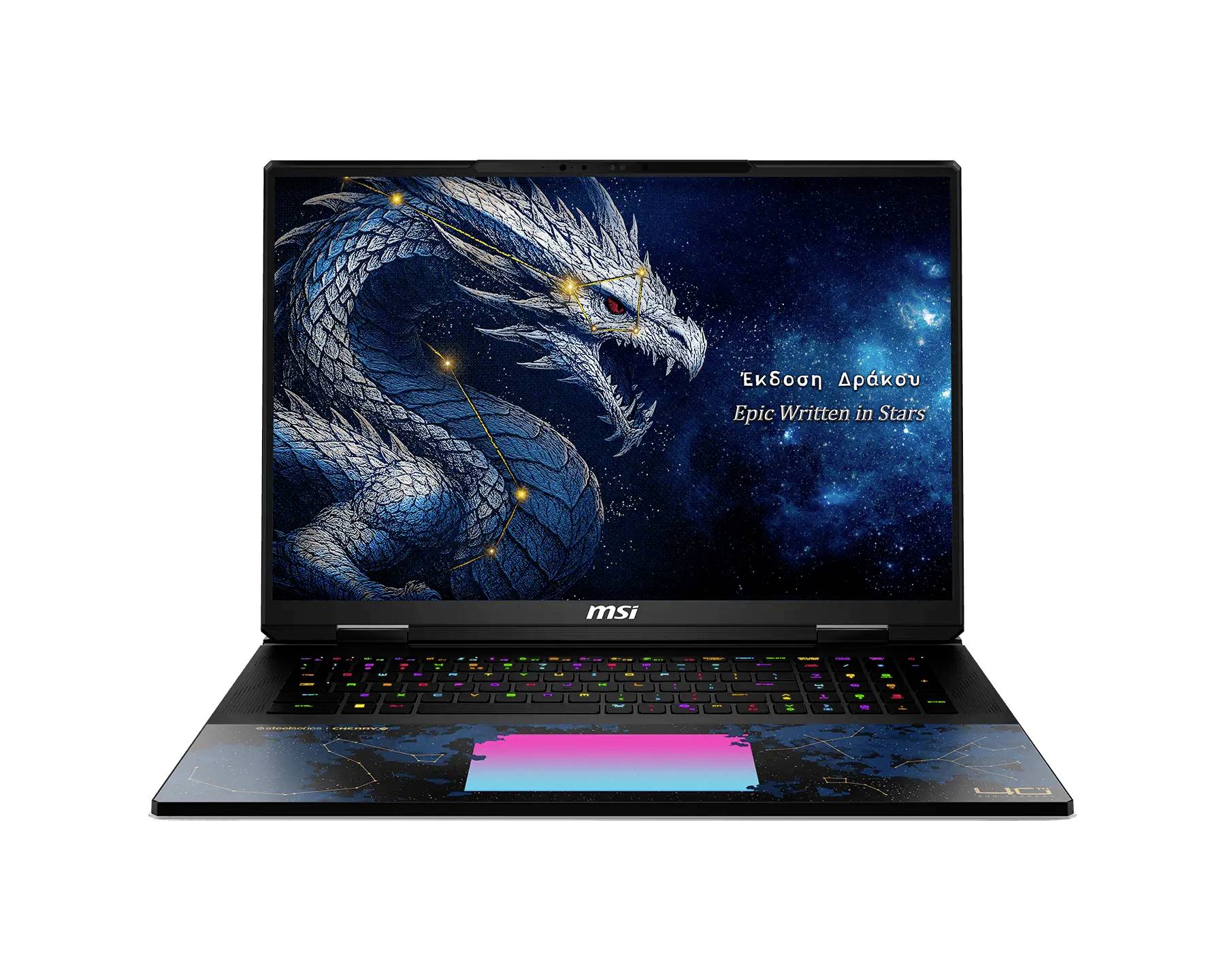 MSI Gaming-Laptop offen auf weißem Hintergrund, zeigt ein Drachenwallpaper mit griechischem Text „Έκδοση Δράκου" und „Epic Written in Stars" auf dem Bildschirm.