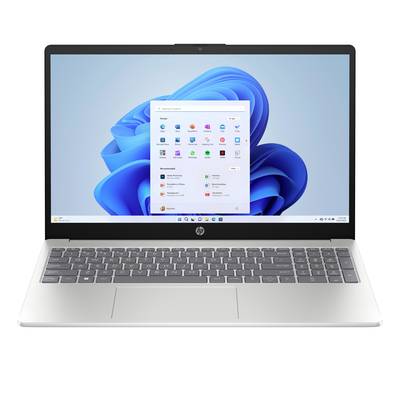 Silber-HP-Laptop mit Windows 11-Desktop und geöffnetem Startmenü auf dem Bildschirm.