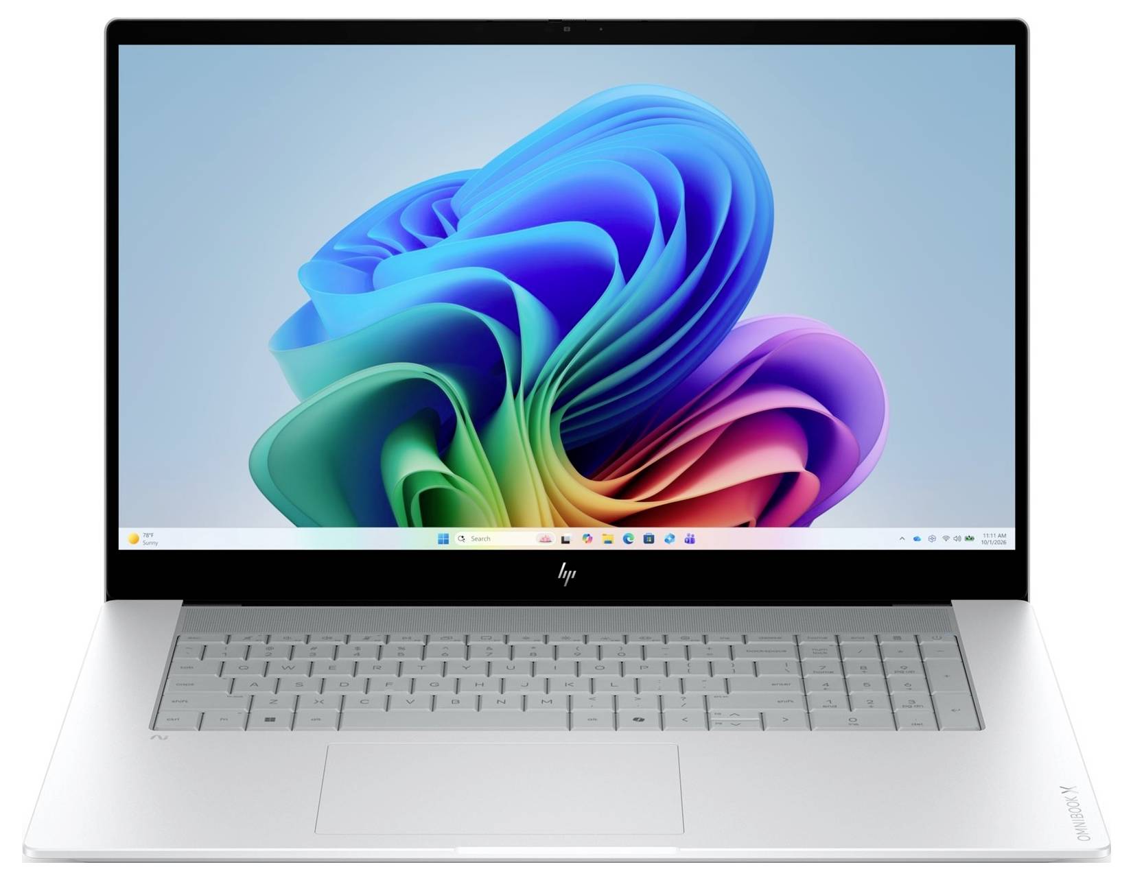 Silberner HP-Laptop, geöffnet mit einem farbenfrohen abstrakten Windows 11-Desktop auf dem Bildschirm.
