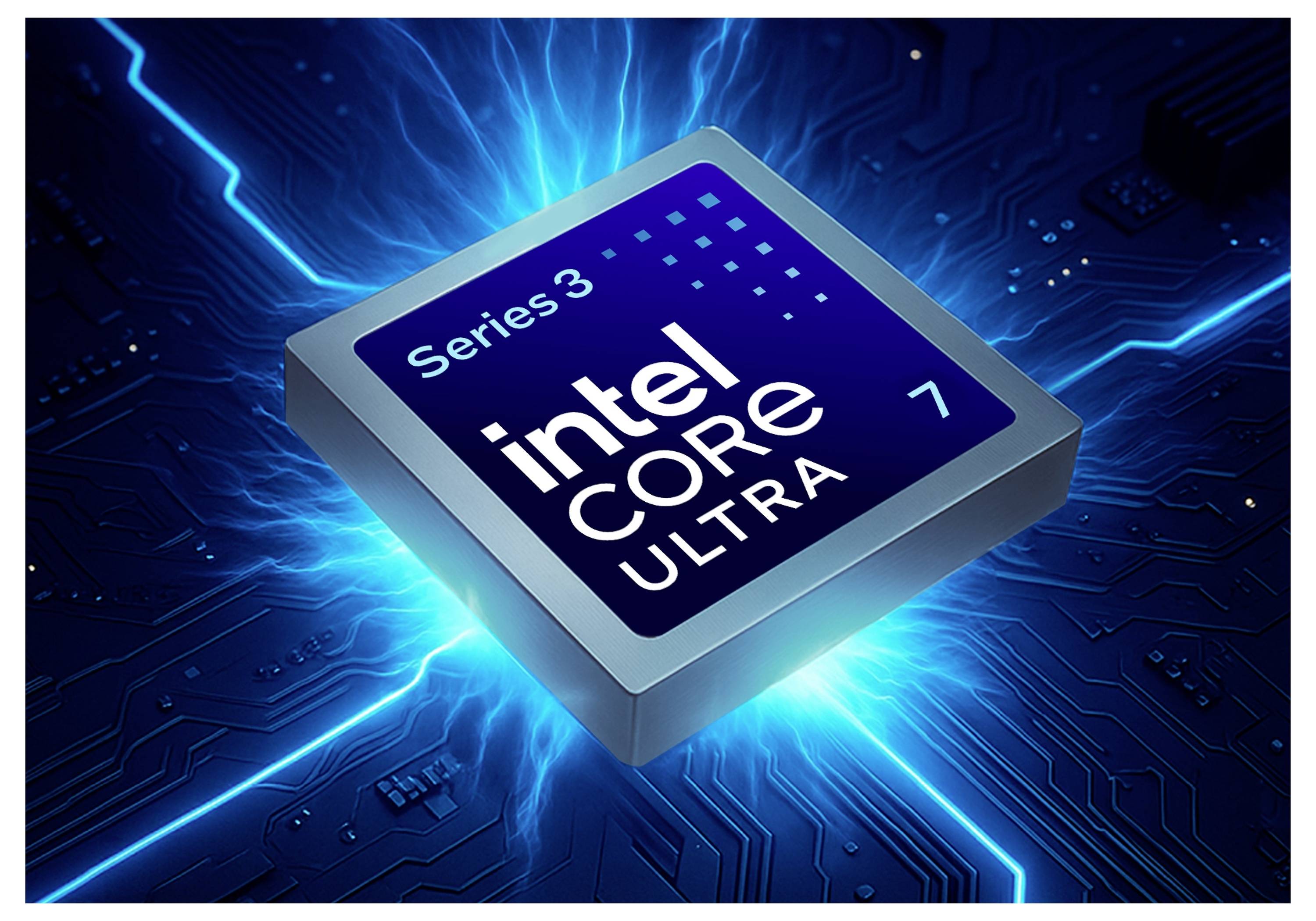 Nahaufnahme eines Intel Core Ultra Series 3 Prozessor-Chips, der auf einem Schaltkreishintergrund blau leuchtet.