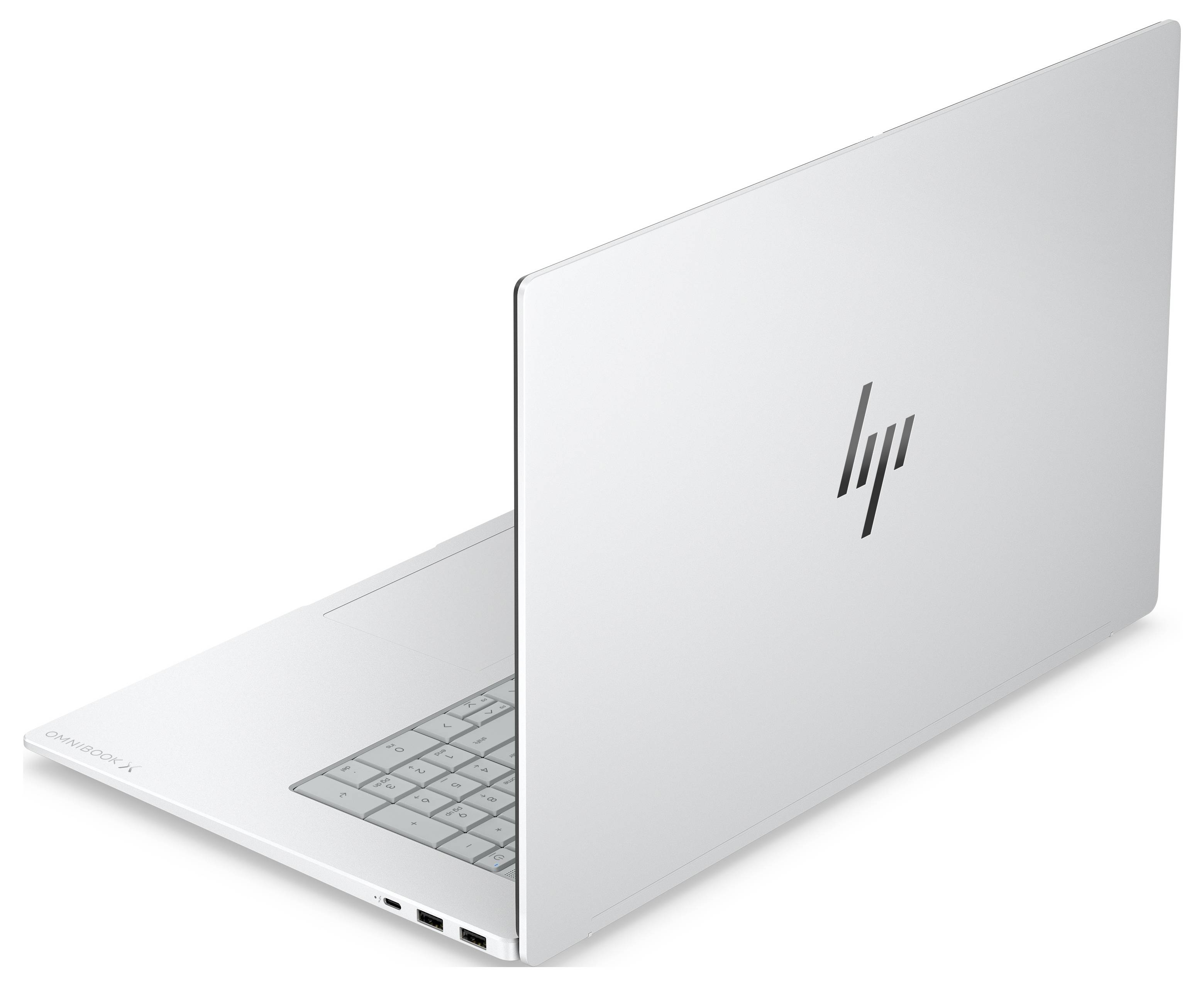 Silberner HP-Laptop, teilweise auf weißem Hintergrund geöffnet, mit sichtbarer Tastatur und HP-Logo auf dem Deckel.