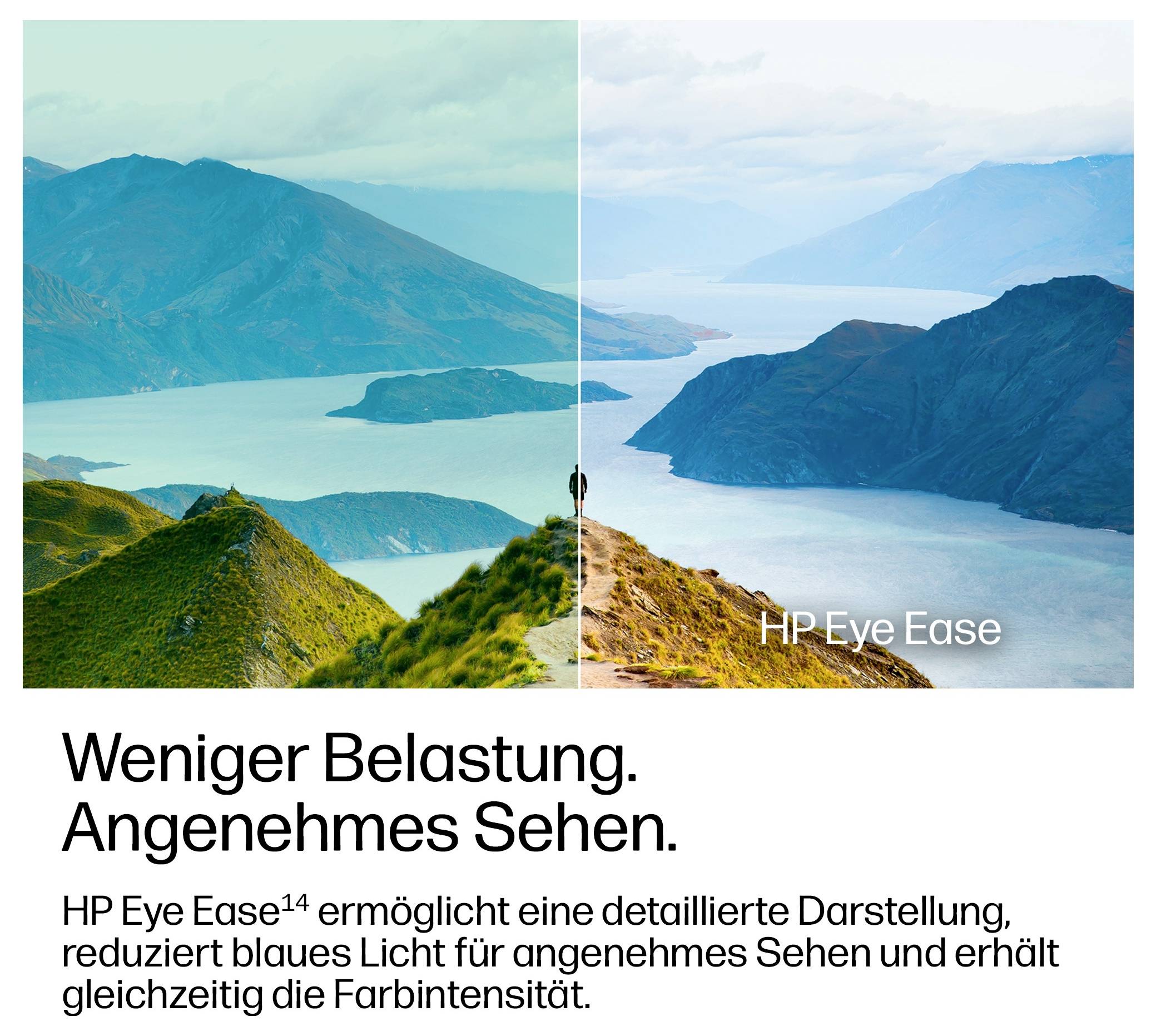 HP Eye Ease Anzeige mit einer geteilten Berg-See-Landschaft, die kühlere und wärmere Farbtöne zeigt, mit Bewerbung für reduziertes blaues Licht und lebendige Farben.
