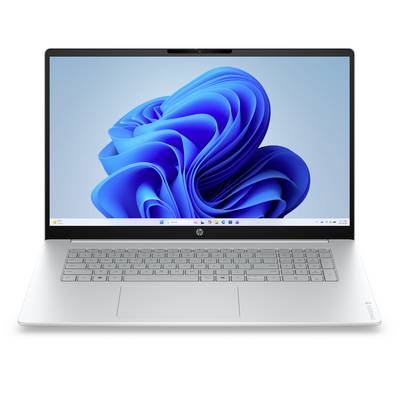 Silberner HP-Laptop offen und nach vorne gerichtet, zeigt das Windows 11 blaue Wirbel-Hintergrundbild auf dem Bildschirm.