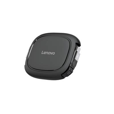 Schwarzes tragbares elektronisches Lenovo-Gerät in Großaufnahme, mit dem Lenovo-Logo zentriert auf der Vorderseite.