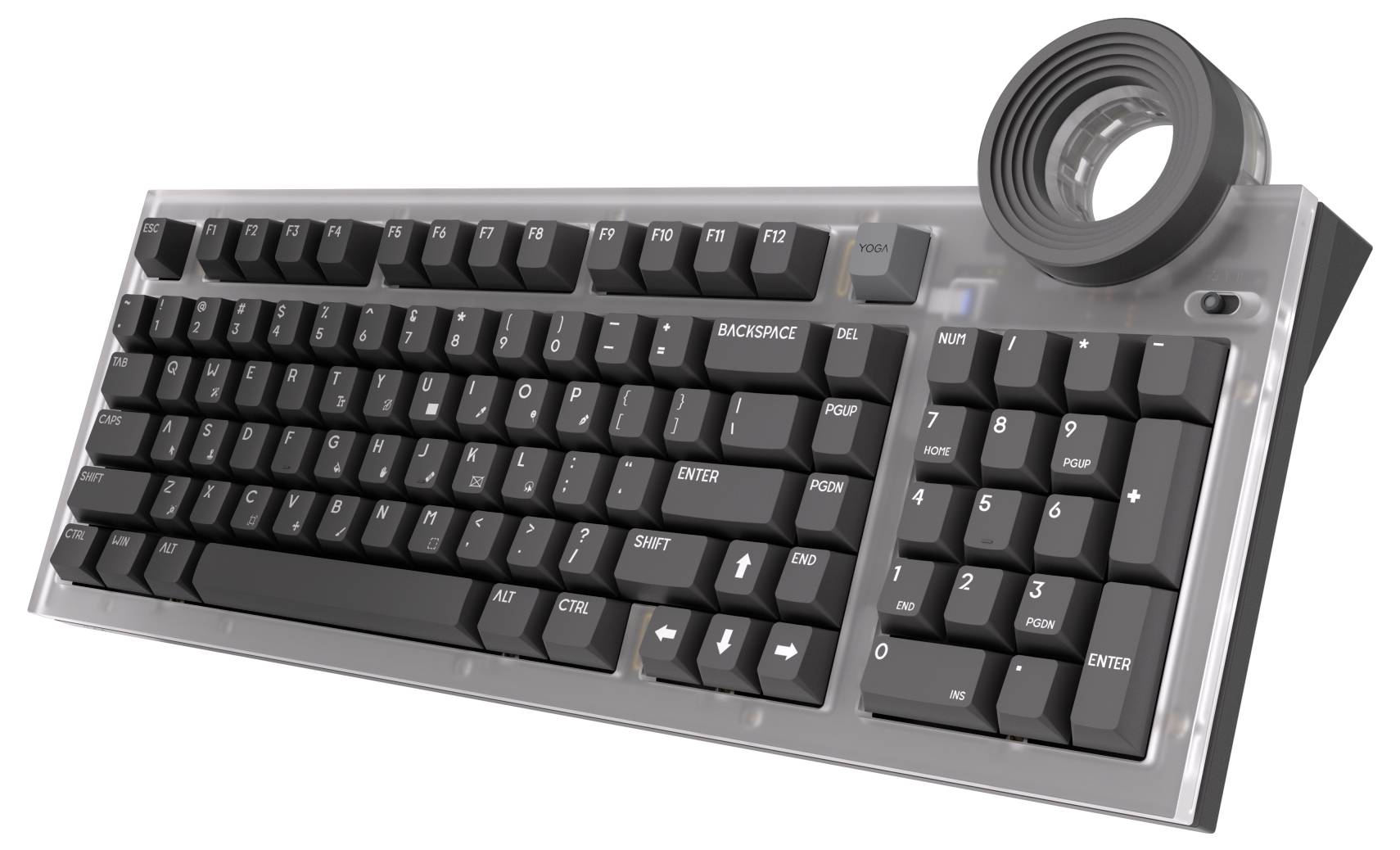 Schwarz abgewinkelte Tastatur mit einem großen kreisförmigen Scrollrad oben rechts, das eine kompakte Nummerntastatur und großflächige Tasten auf einer silbernen Basis zeigt.