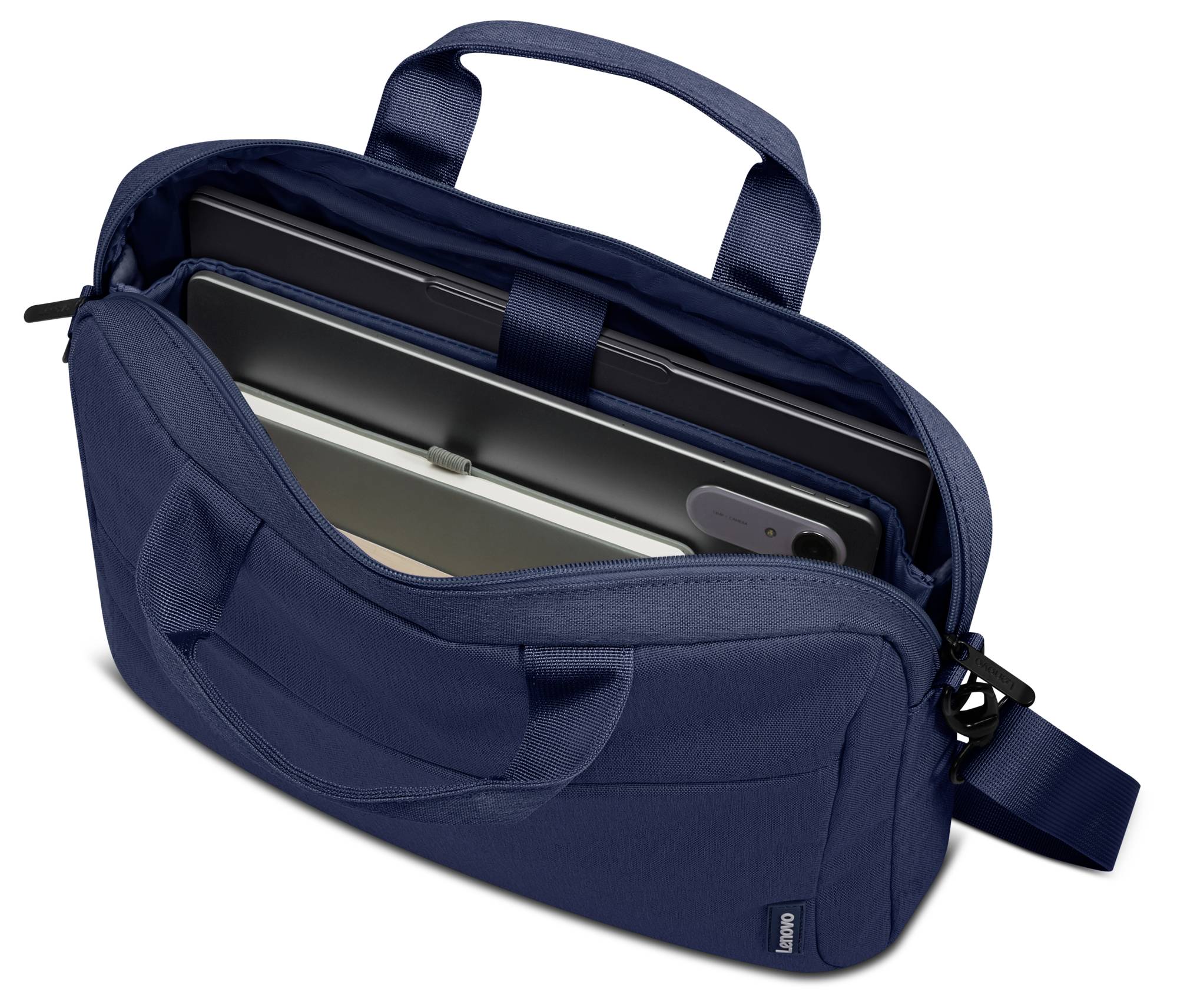 Dunkelblaue Laptop-Schultertasche mit Griffen und Reißverschluss, geöffnet dargestellt mit Tablet und Laptop im Inneren.