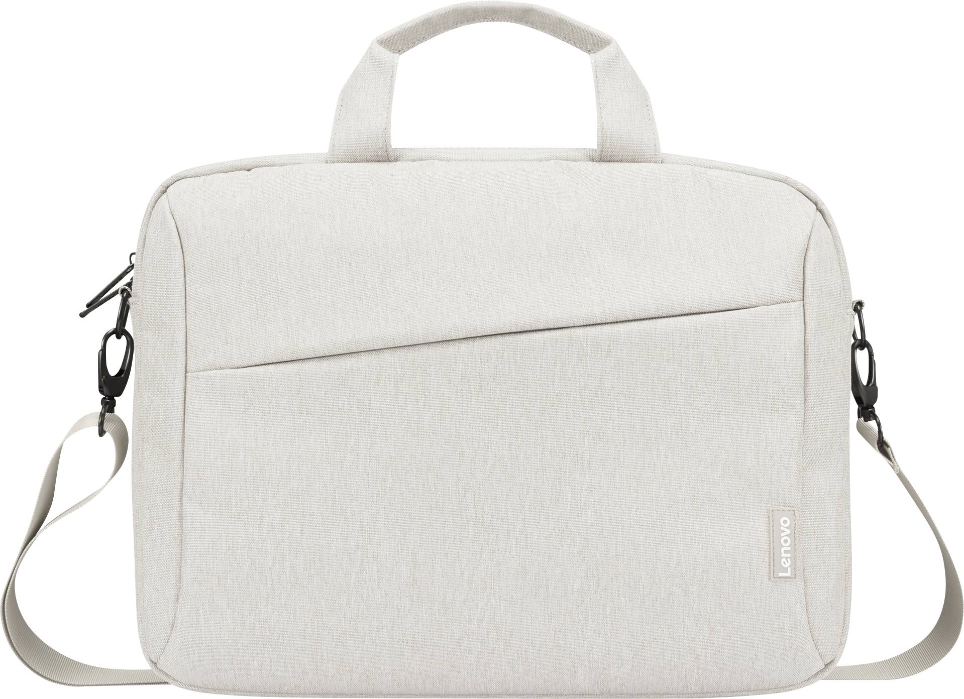 Hellbeige Laptop-Schutztasche mit Griff und abnehmbarem Schultergurt, Vorderansicht auf weißem Hintergrund.