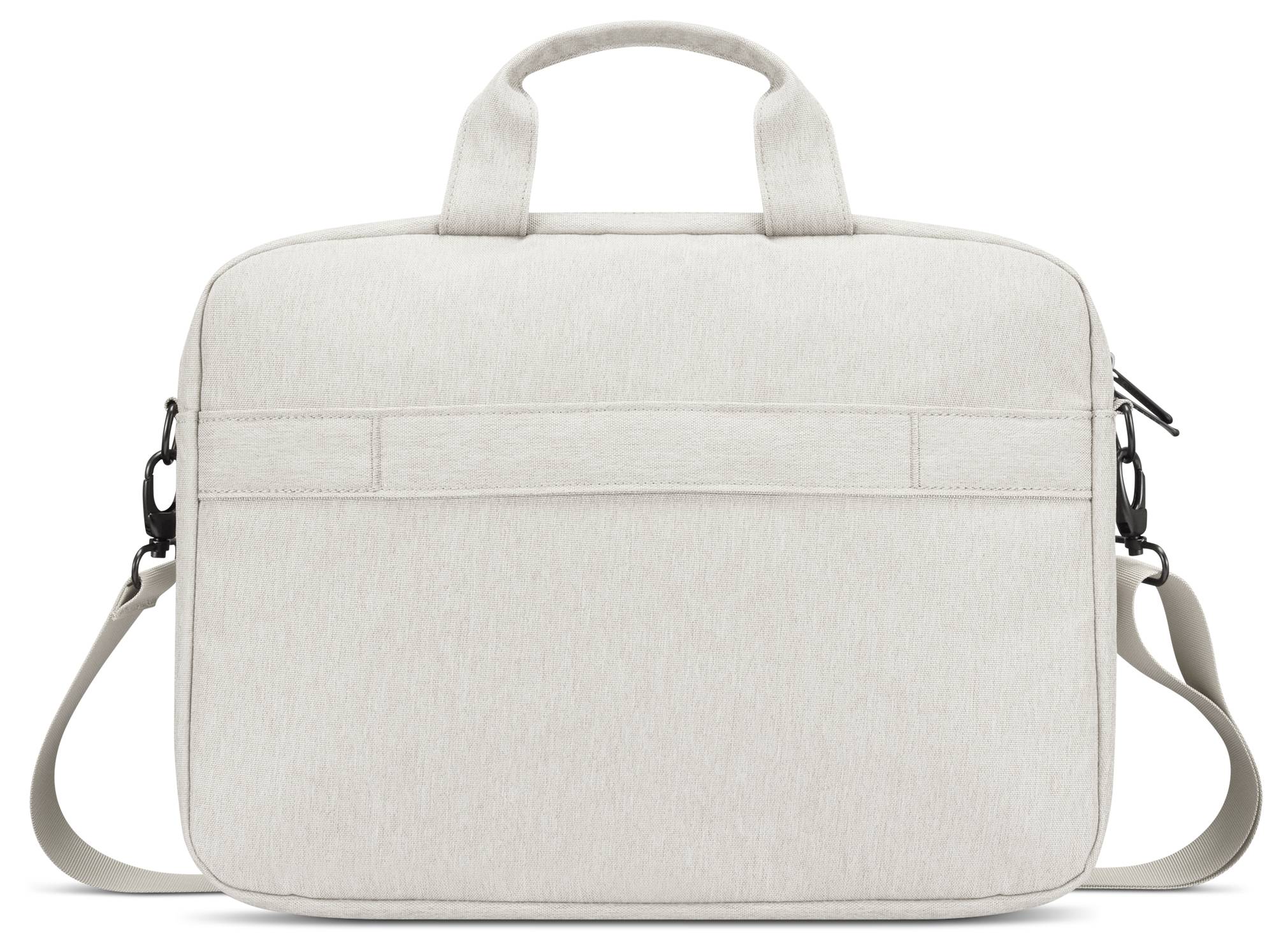 Beige Laptop-Transporttasche mit Griffen oben, vorderer Reißverschlusstasche und abnehmbarem Schultergurt auf weißem Hintergrund.