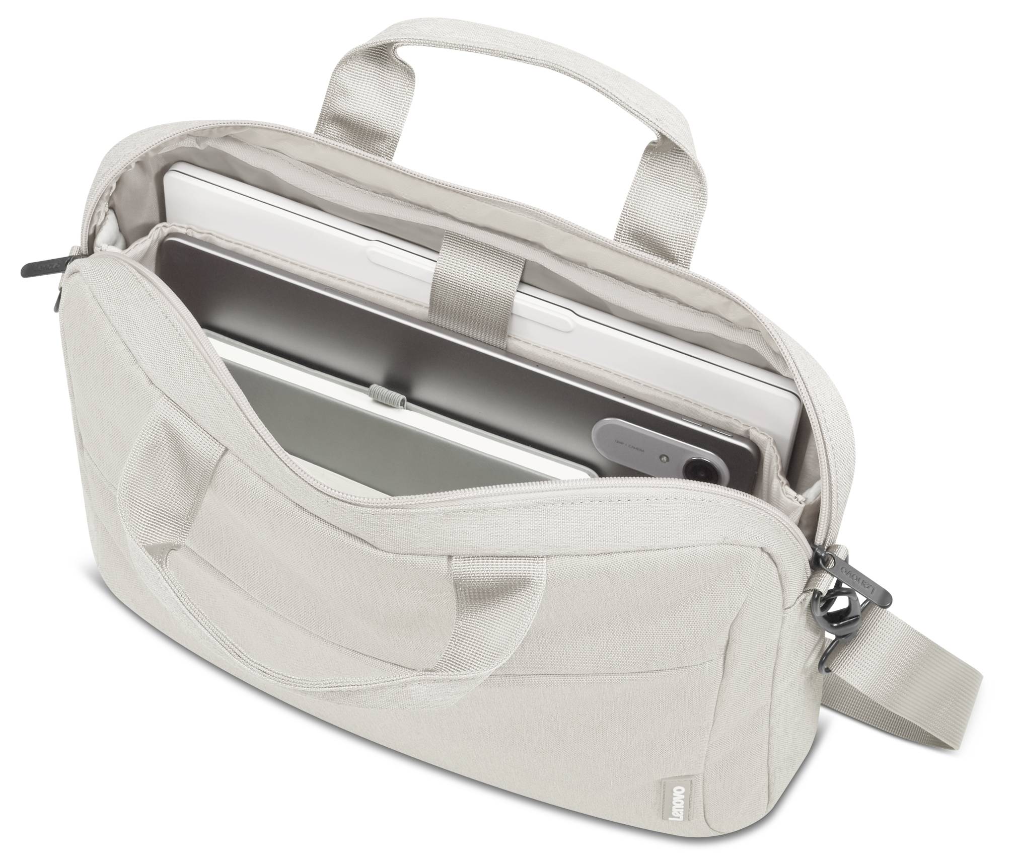 Beige Laptop-Schutztasche mit Griff, offen dargestellt, mit Laptop und Tablet im Inneren.
