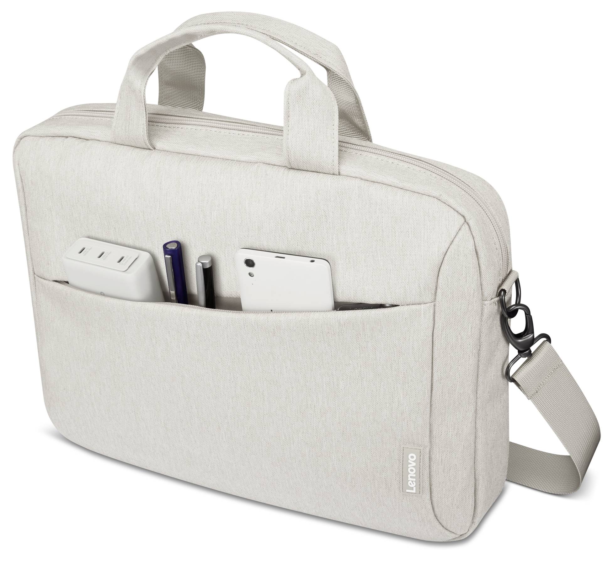 Beige Lenovo-Laptop-Tasche mit Griffen und Schultergurt, wobei die vordere Tasche ein Ladegerät, Stifte und ein Telefon hält.