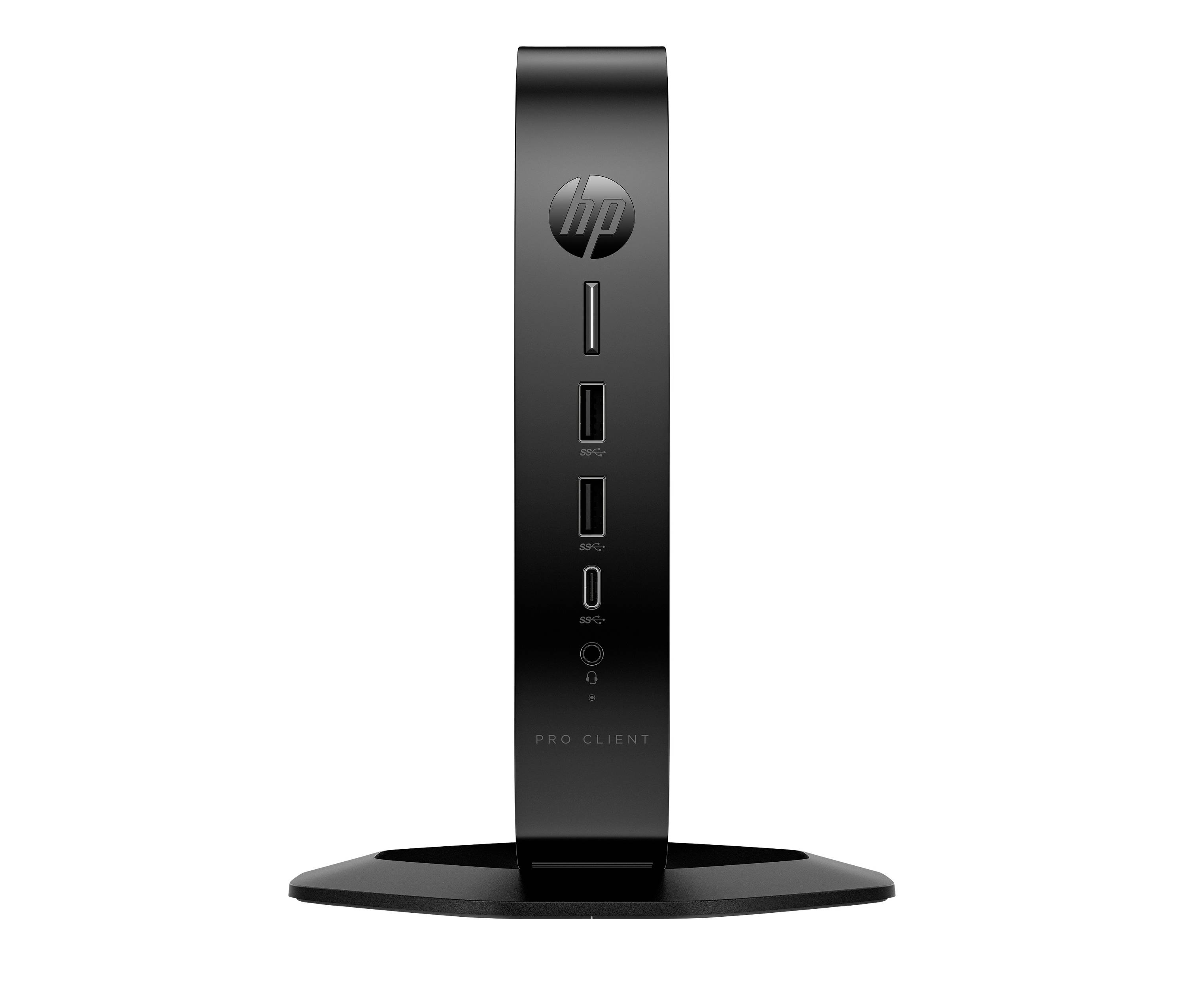 Vorderansicht eines HP Pro Client Mini-Desktops auf einem schwarzen Ständer, der das vertikale Frontpaneel mit Ein-/Ausschalter und USB-Anschlüssen zeigt.