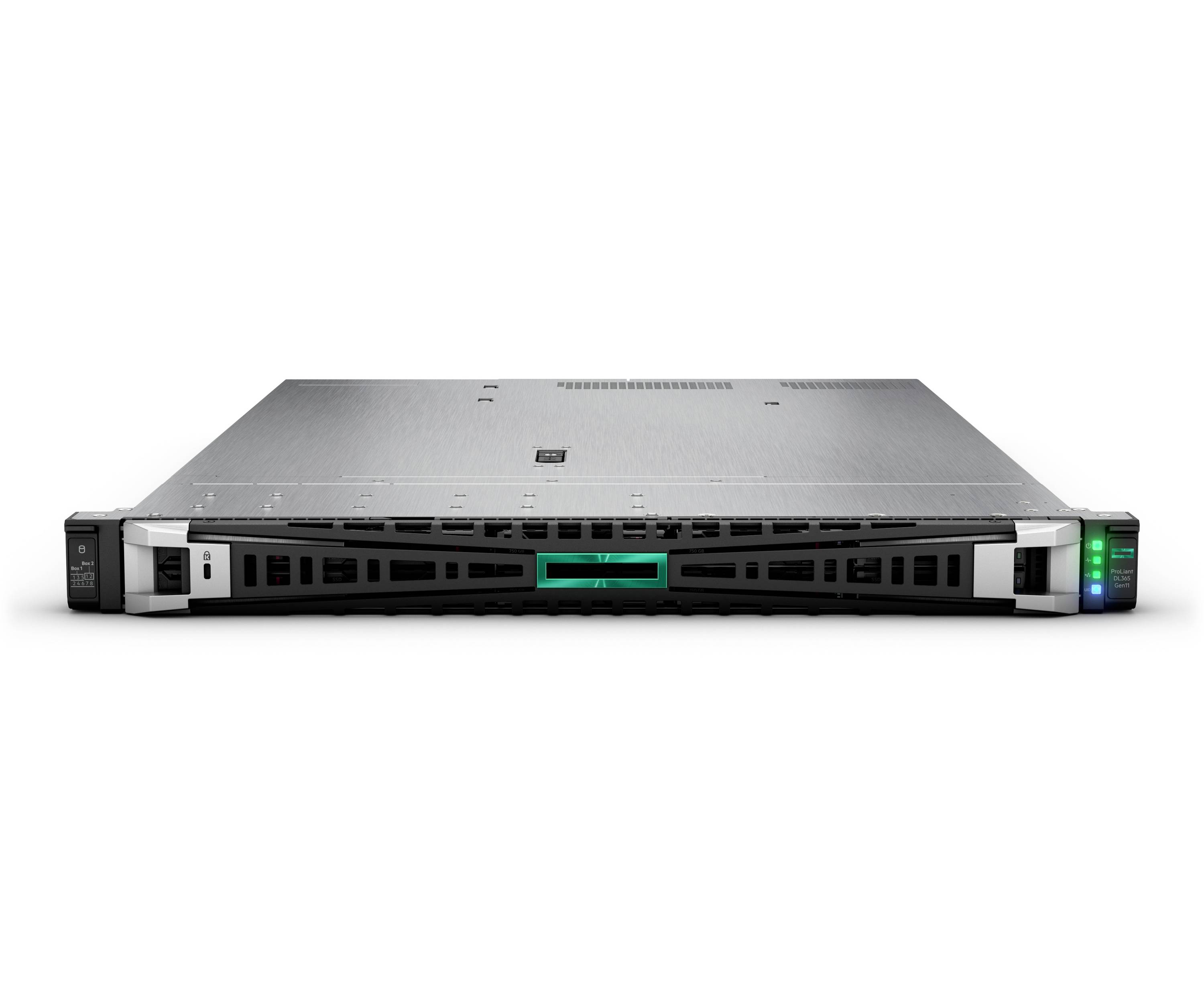 Vorderansicht eines 1U-Rack-Servers mit schwarzen Lüftungsschlitzen und grünen Statusleuchten auf der rechten Seite, dargestellt auf weißem Hintergrund.