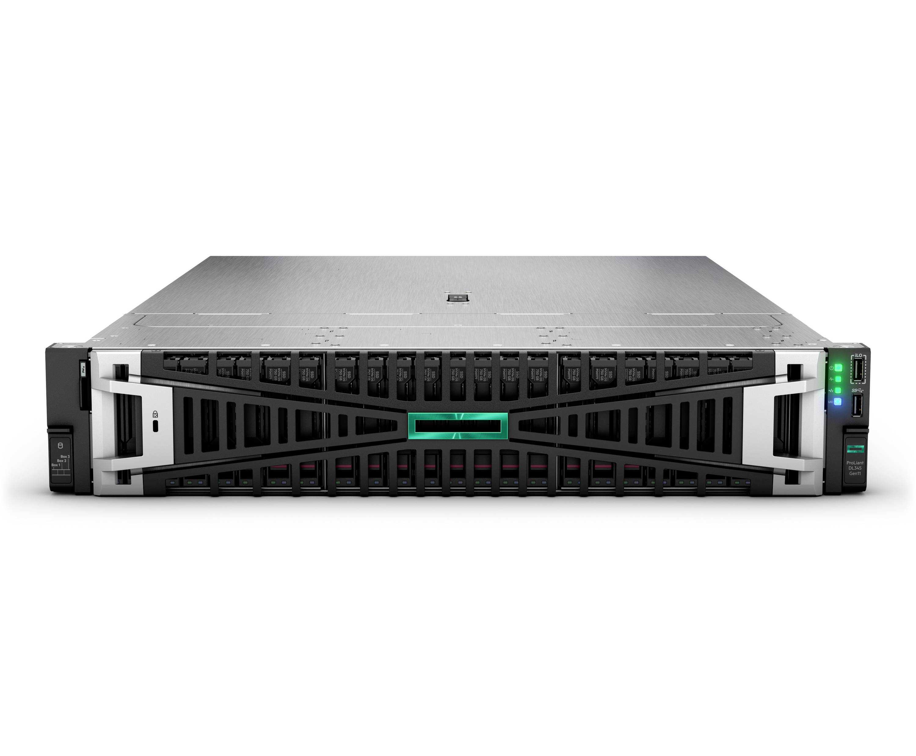 Vorderansicht eines in einem Rack eingebauten Server-Geräts mit schwarzem und silbernem Gehäuse und grünen Statusleuchten