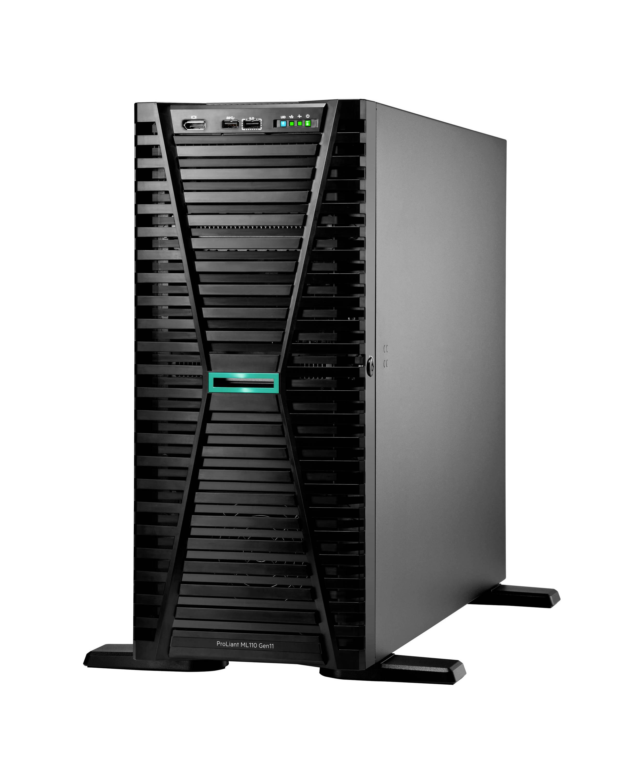 Schwarzer Server-Turm mit Füßen, Vorderansicht mit Lüftungsschlitzen, Statusleuchten und türkisem Akzent auf der Frontblende.