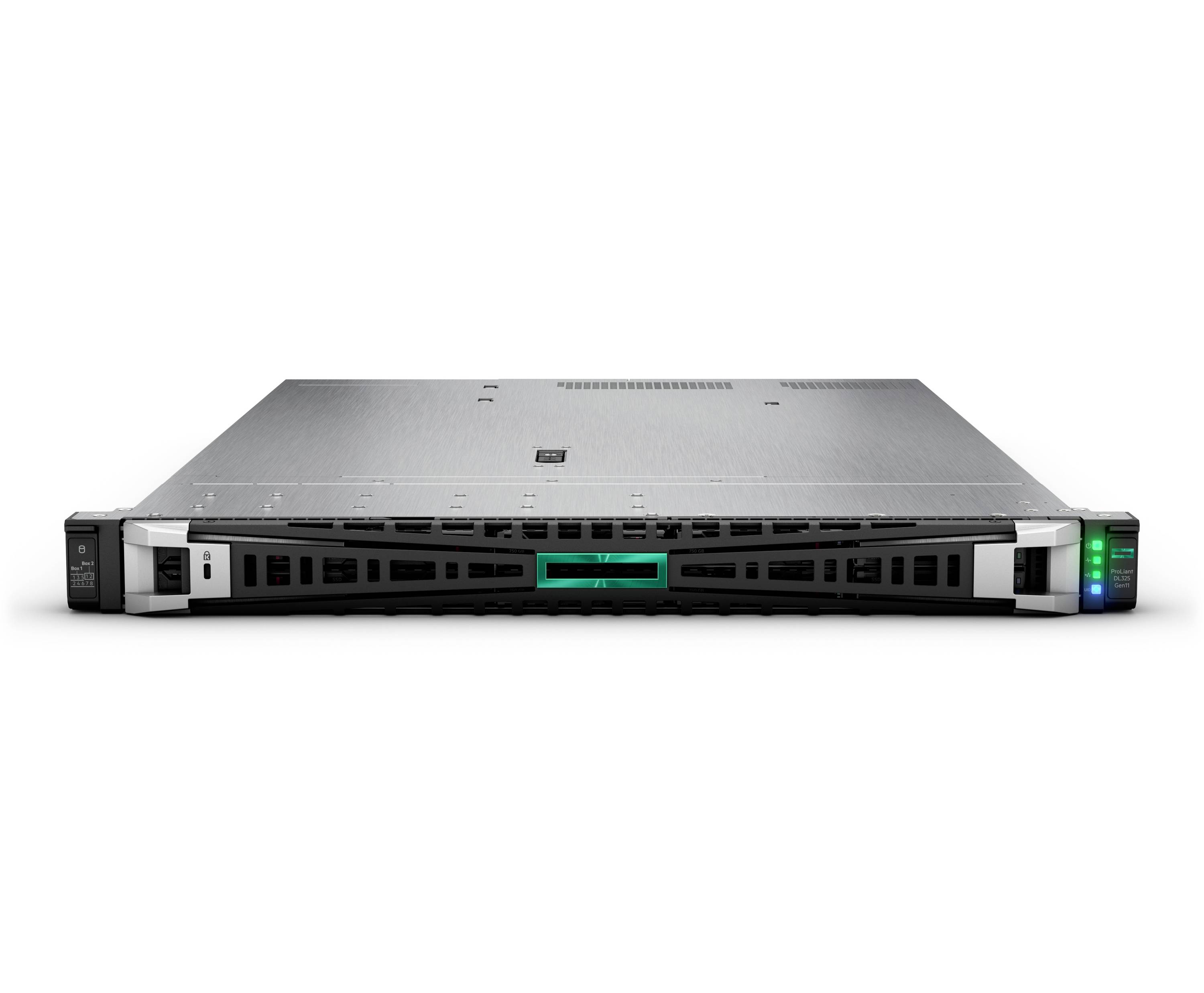 Vorderansicht eines in ein Rack eingebauten Servers mit schwarzem Gitter, silbernem Gehäuse und blaugrünen Statusleuchten auf der rechten Seite.